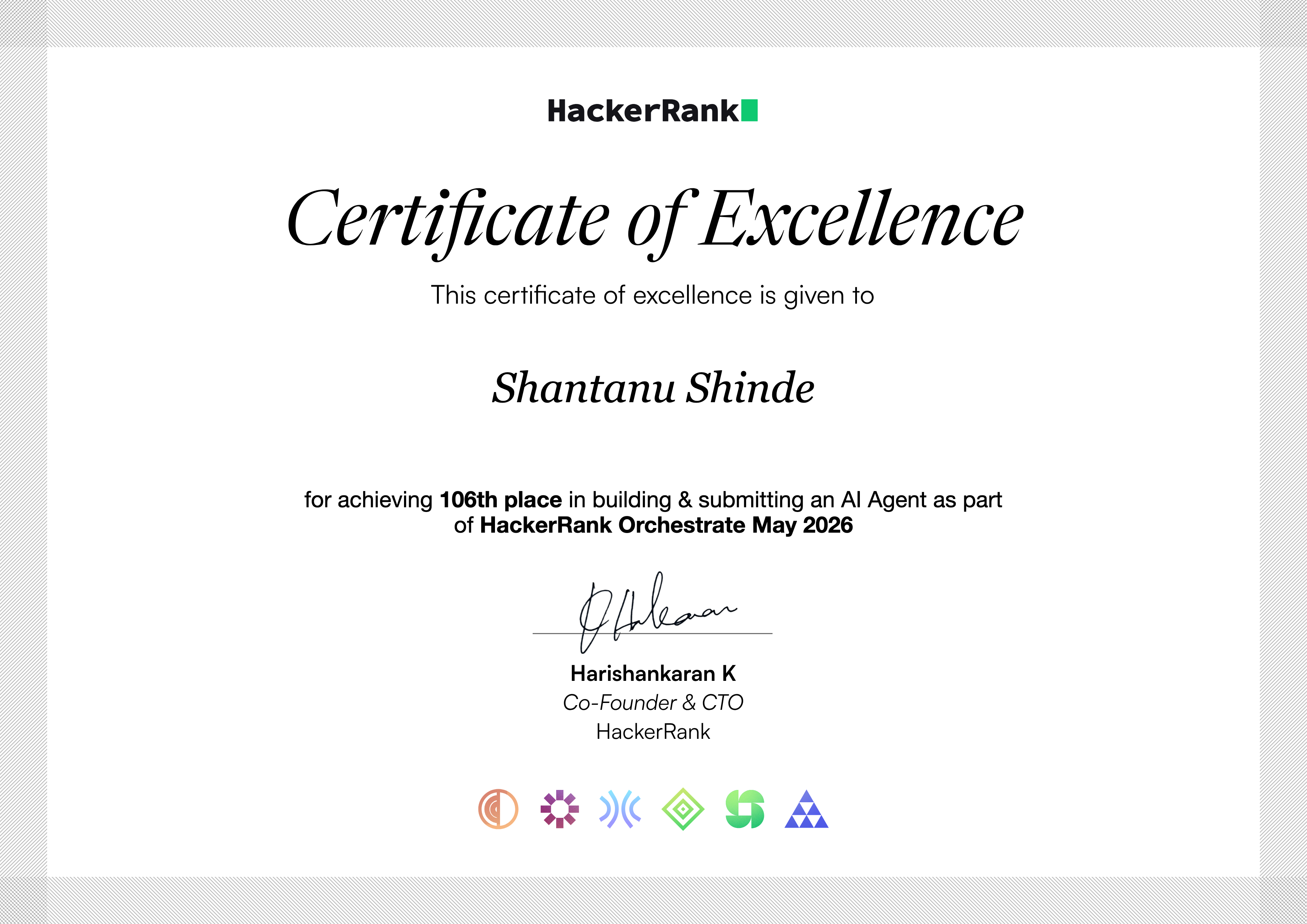 HackerRank Certificate of Excellence Certificate